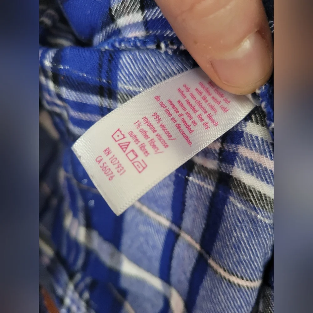 NWOT Justice Girls Blue White Black Pink Plaid Button-Up Shirt 12 Embellished
